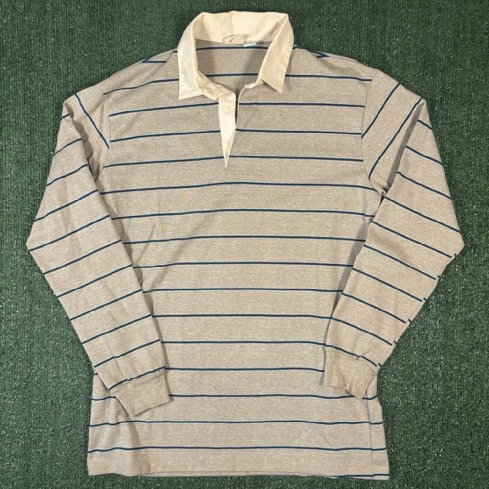 CC Sport Rugby Shirt Mens XL Tan Blue Striped Excellent Long Sleeve‎ USA Made